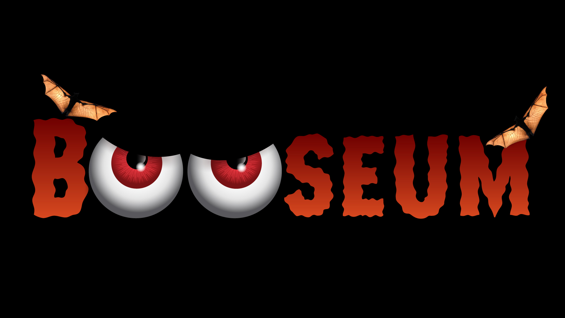 Logo for BOOseum featuring spooky eyes and a bat