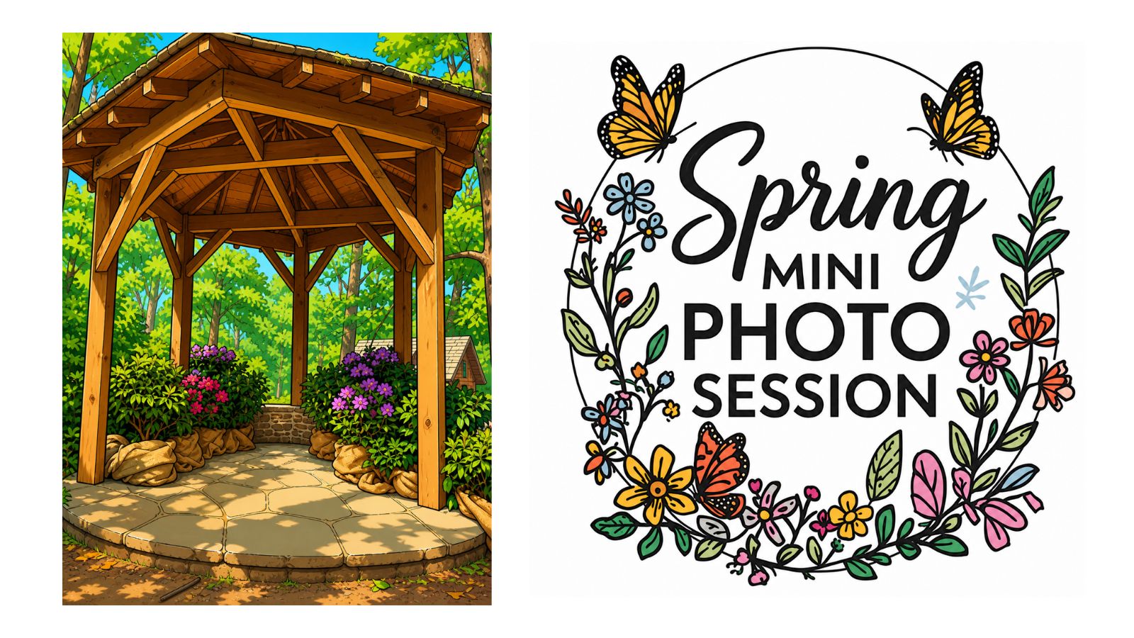 Logo for Spring Mini Photo Sessions featuring image of flower-filled gazebo
